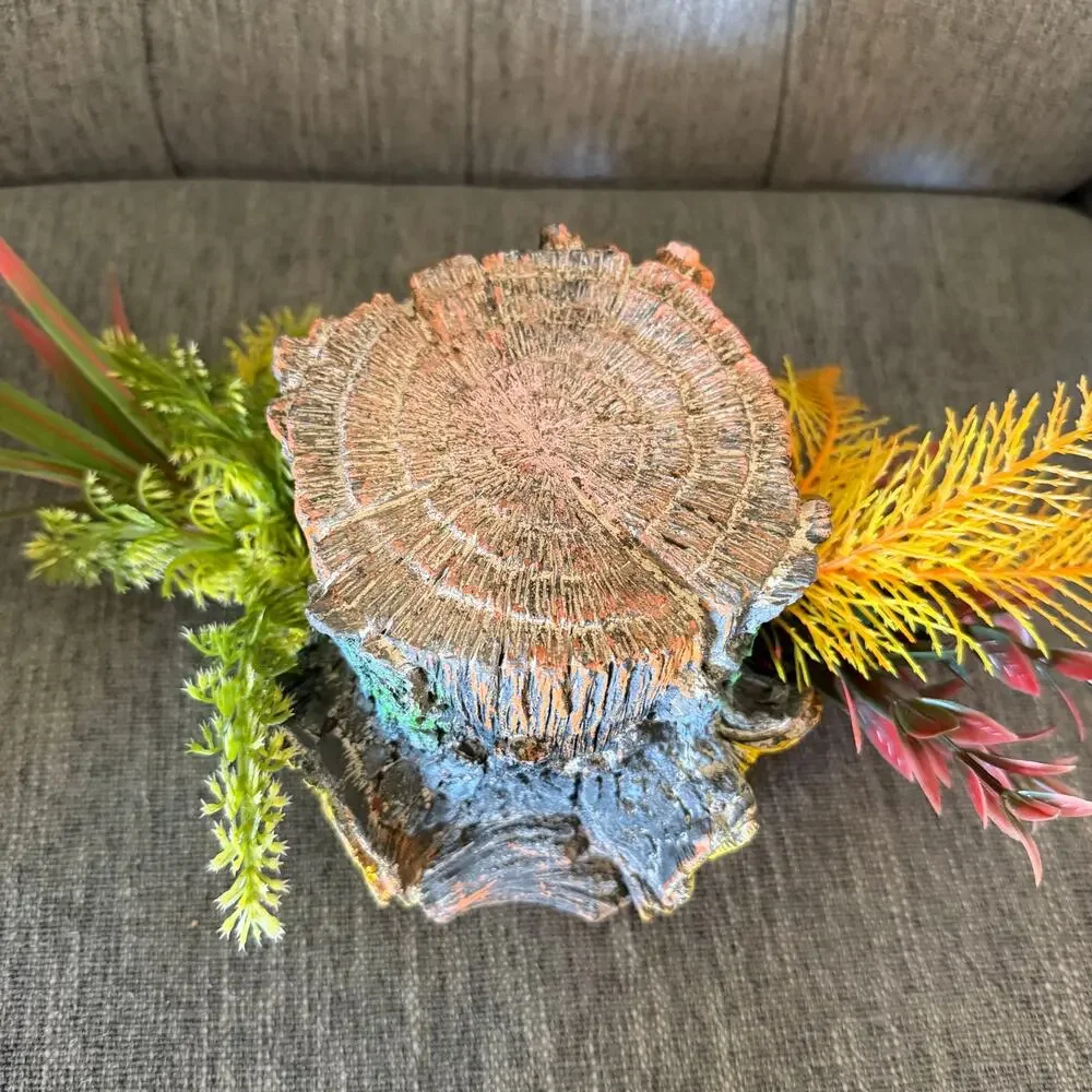 Aquarium Tree Stump Hideout Ornament Fish Tank Decor With Artificial Plants